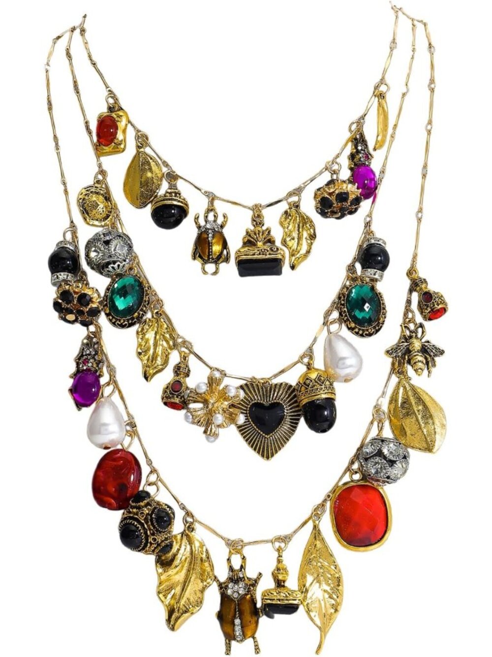 Bohemian 3-Layer Pendant Charm Necklace for Women, Unique Stackable Statement